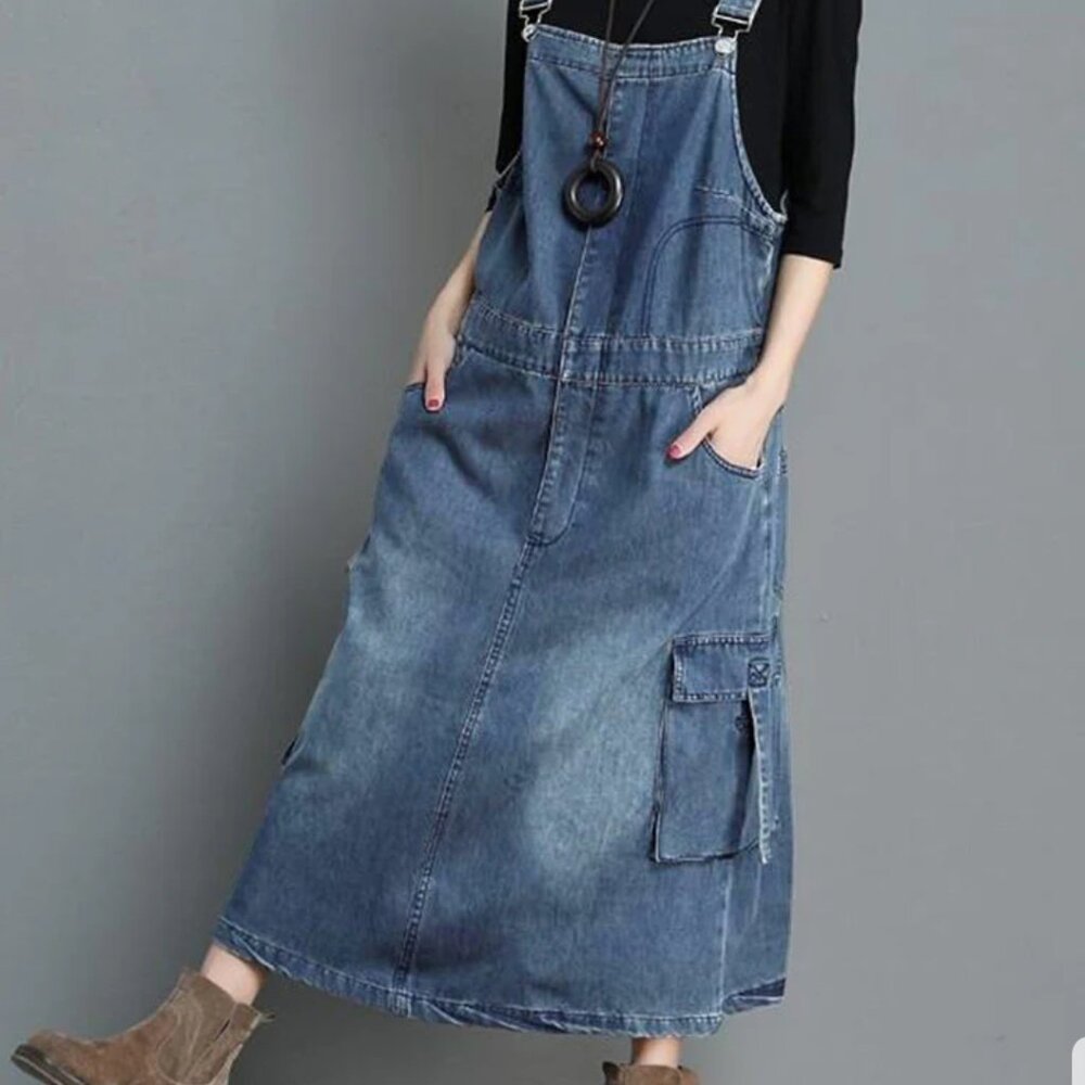 Denim Cargo Overalls Dress with Zipper Size M NWTO - Picture 8 of 9